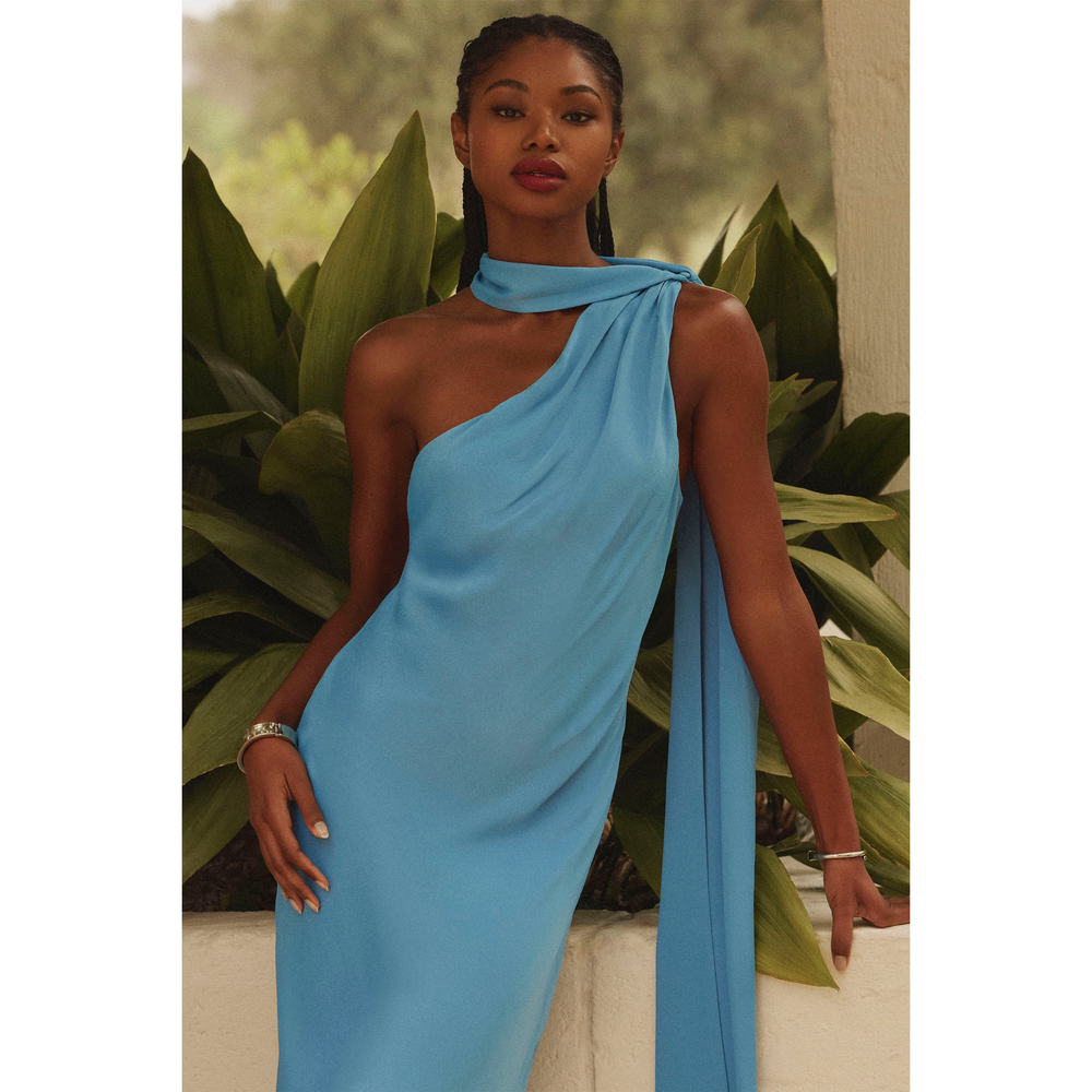 Anthropologie BHLDN Nicoletta One-Shoulder Scarf Satin Midi Dress in Blue